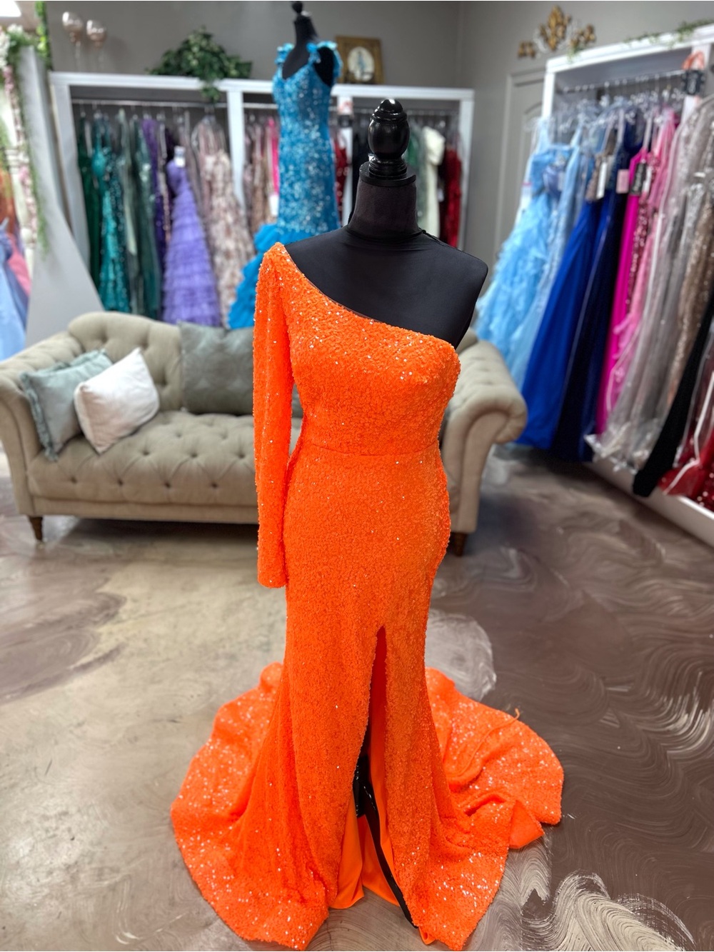 Elegant One-Shoulder Orange Sequin Gown with Slit
